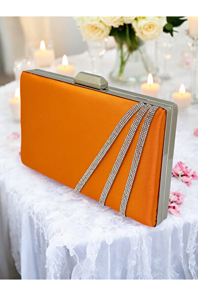 MidStore حقيبة سهرة نسائية من الساتان باللون البرتقالي مع أحجار كريستالية فضي...