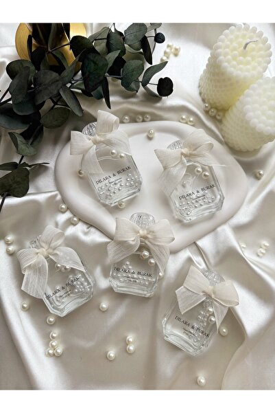 Gami Handmade Köşegen Cam Şişe İnci Detaylı Kolonya Söz, Nişan, Nikah, Kına, Düğün Hediyelik 50cc - 10 Adet