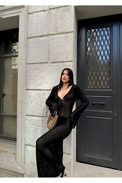 buqre's moda Noua rochie maxi ajurata cu guler Degaje cu detaliu de perle