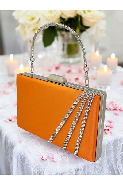 MidStore حقيبة سهرة نسائية من الساتان باللون البرتقالي مع أحجار كريستالية فضي...