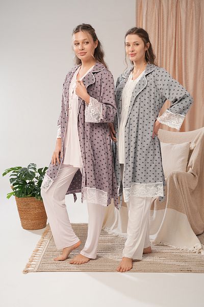 Lohussa Women's Pink Polka Dot Lace Special Design 100% Cotton Maternity Dressing Gown Pajama Set
