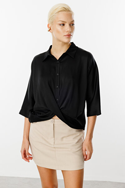 Ekol Gömlek Yaka Siyah Kadın Saten Bluz 25YEKL03040