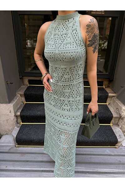 buqre's moda Kadın Halter Yaka Ajurlu Astarlı Triko Elbise