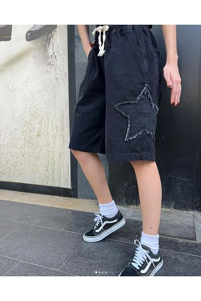KOTOLOG Σορτς Jean Knee Capri με φαρδύ πόδι που πλένεται σε στυλ Y2K με μοτίβο αστεριών