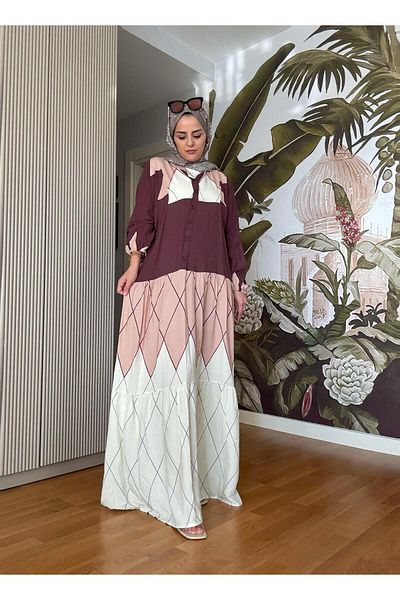 Aselim Hijap Moda Μπεζ-καφέ βαμβακερό φόρεμα με κουμπιά βισκόζης