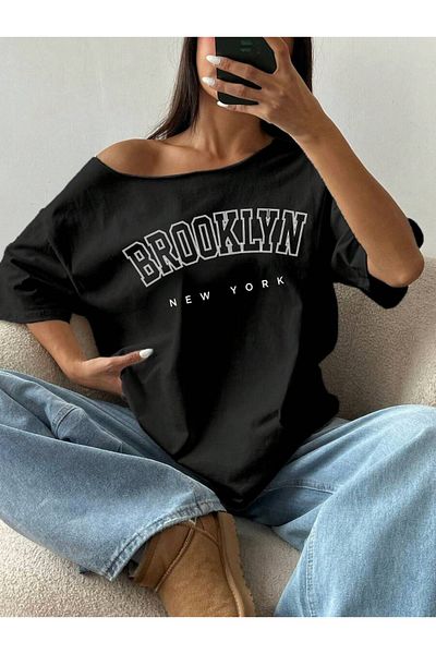 AMMA Women's Boat Neck Brooklyn Printed Oversize 100% Cotton T-Shirt
