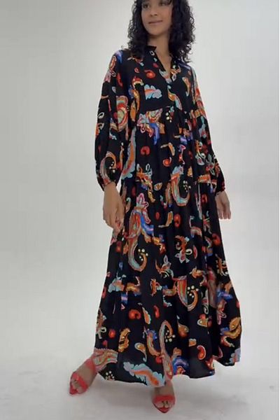 AYASOFYA OTANTIK Rochie lungă cu mânecă lungă, cu guler cu nasturi, neagră, pentru femei