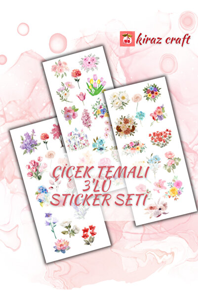 Kiraz Craft Çiçek Sticker Seti 3'lü - Bullet Journal Scrapbook Sticker - Çiçe...