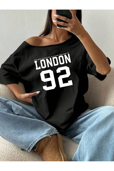 AMMA Women's Boat Neck London Printed Oversize 100% Cotton T-Shirt