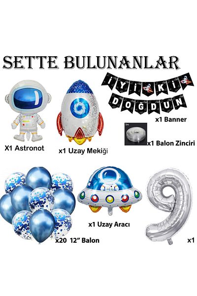 Patladı Gitti Space Concept 9Th Birthday Party Celebration Set Astronaut, Ufo and Spaceship Foil Balloon Set