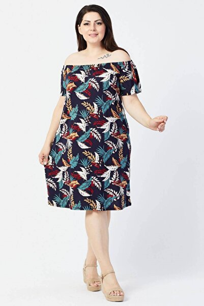Mia Butik Plus Size Leaf Patterned Madonna Collar Dress