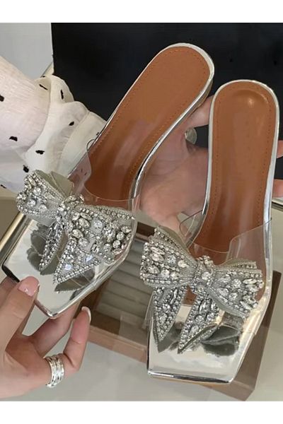 TrendyAnka Γυναικεία Princess Διάφανο Nude Tan 8 εκ. Τακούνι Φιόγκος Πέτρα Βραδινό Φόρεμα Σανδάλι Παπούτσια Παντόφλες