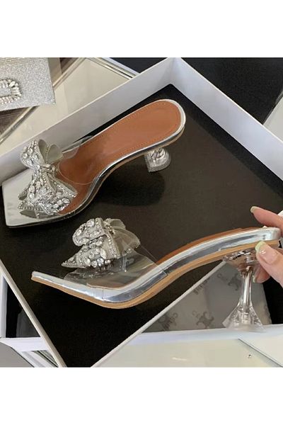 TrendyAnka Γυναικεία Princess Διάφανο Nude Tan 8 εκ. Τακούνι Φιόγκος Πέτρα Βραδινό Φόρεμα Σανδάλι Παπούτσια Παντόφλες