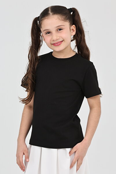 ERDEM KIDS Tricou negru pentru fete, drept, fără imprimeu, cu mânecă scurtă, ...