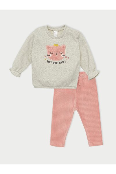 LC Waikiki Lcw Baby White Crew Neck Long Sleeve Baby Girl Sweatshirt and Leggings 2-Piece Set