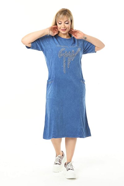 Mia Butik Plus Size Blue Studded Dress