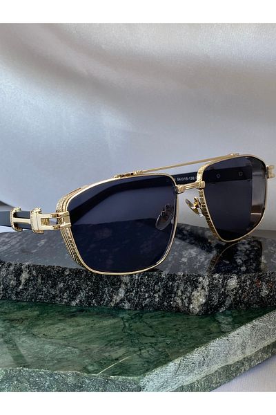 Mazzy Rectangular Design Gold Black Unisex Sunglasses