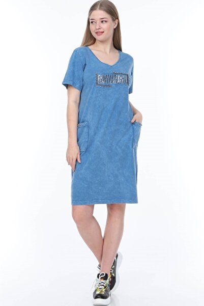 Mia Butik Large Size Italian Washed Blue Sequin Dress with Window on the Front