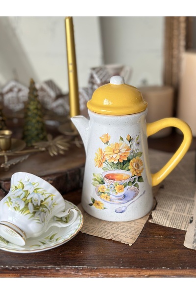 Handmadesign Kapaklı El Yapımı Seramik Sürahi - Antika Fincan Detaylı Çiçekle...