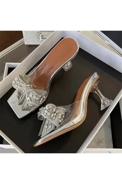 TrendyAnka Kadın Princess Gümüş Şeffaf Nude Taba 8Cm Şeffaf Topuklu Fiyonk Taşlı Abiye Sandalet Ayakkabı Terlik