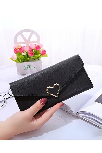 DOODLE Heart Embellished Long Wallet, Three Fold Coin and Credit Card Compartments, Casual, Faux Leather