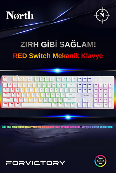 North Shield White RED Switch Türkçe Q Rgb Full Metal Panel Mekanik Beyaz Gaming Klavye