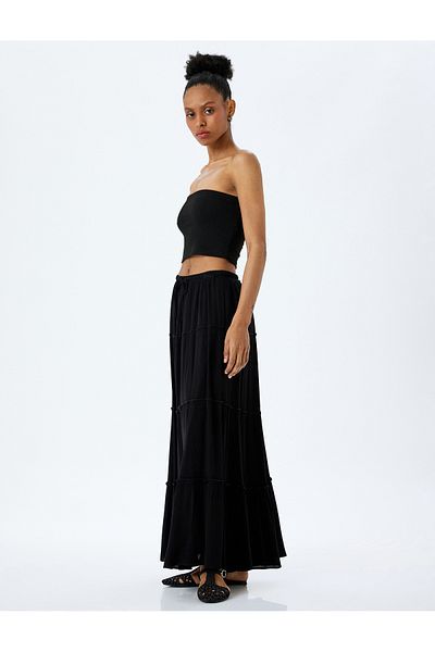 Koton New Season Lined Layered Elasticated Flared Long Skirt with Tie at Waist
