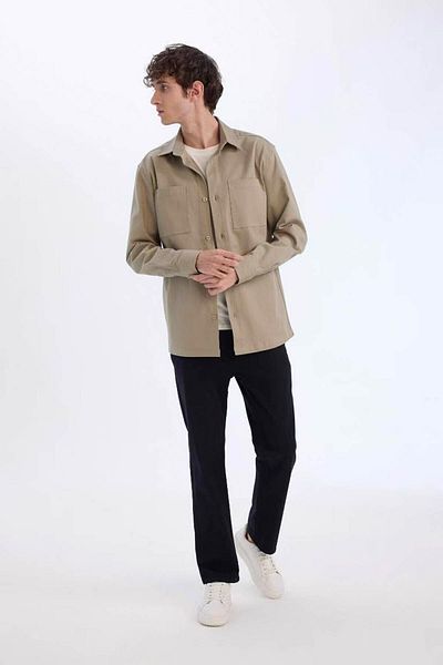 DeFacto Ανδρικό πουκάμισο με μακρυμάνικο γιακά Polo Regular Fit Gabardine Light Khaki D6147ax/kh419