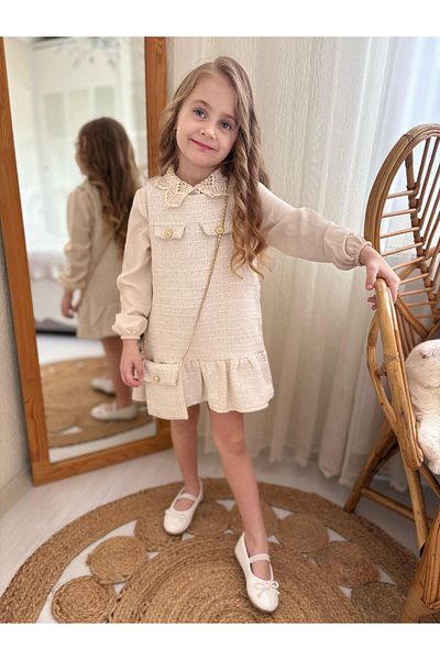 DUDOR KİDS Girl's Tweed Gilet Dress Lace Shirt and Bag-Holiday