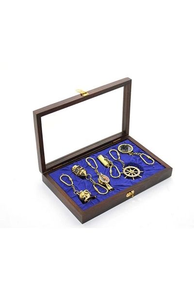 costurera Brass 6-Piece Keychain Set with Wooden Box