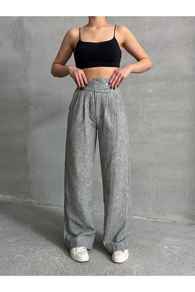 Lusin Women's Gray Stylish Design Double Button Detailed Pleated Palazzo Linen Trousers