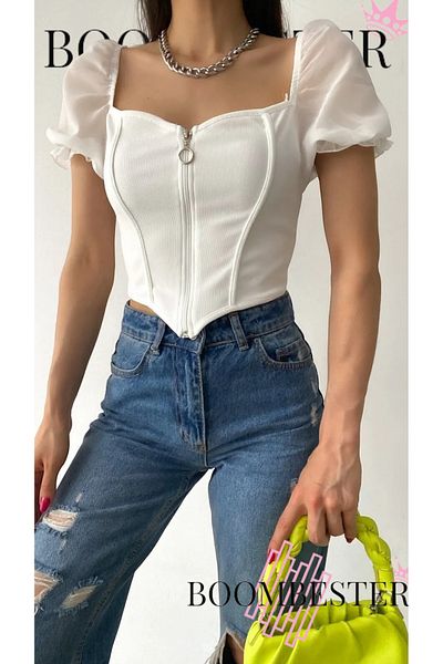 BoomBester Bluză crop cu mânecă scurtă - șifon și fermoar, țesătură otomană
