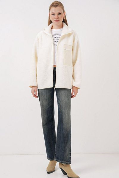modaserdem 55446 Zippered Oversize Plush Coat - Beige