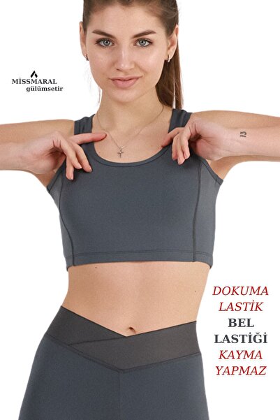 missmaral Kadın Yüksek Bel Antrasit Bilek Boy Tayt Özel Üretim Çapraz Kemer Cross Waist 1011