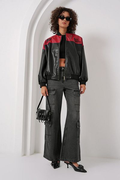 modaserdem    0698 Printed Faux Leather Bomber Jacket - Claret Red