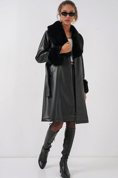 Kokosh moda 1045 Fur Faux Leather Coat - Black