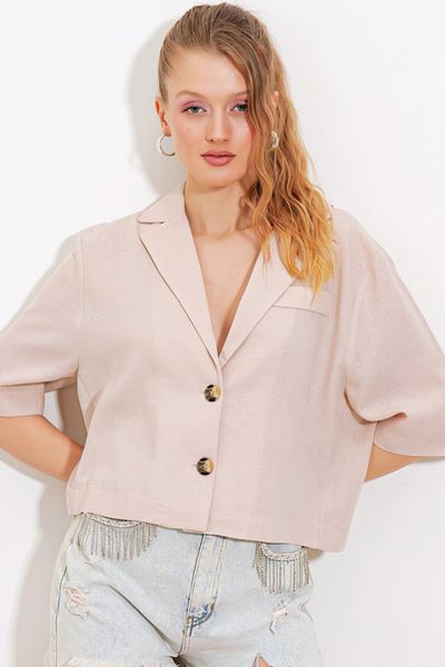 modaserdem Cream Double Button Oversize Crop Linen Jacket 0706
