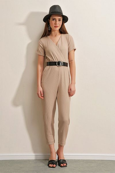 modaserdem 7022 Belted Knitted Jumpsuit - Biscuit