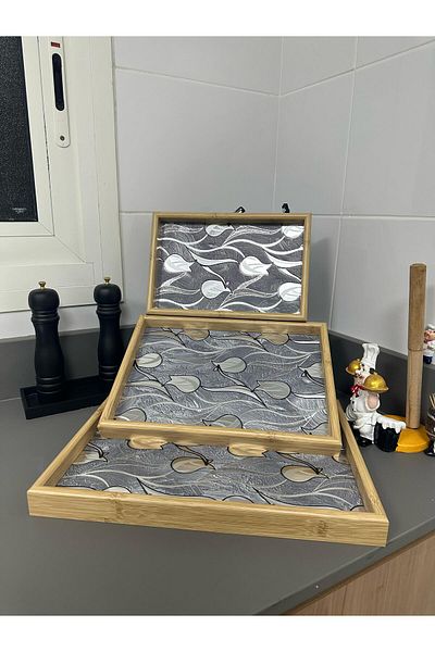 Modern shop Bamboo tray set of 3 different sizes with wooden base, silver color