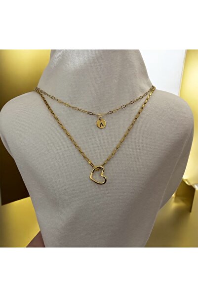 derokas 2 Li Gold Set Harfli Kalpli Çelik Kararmaz Kolye New Model Zarif Şık