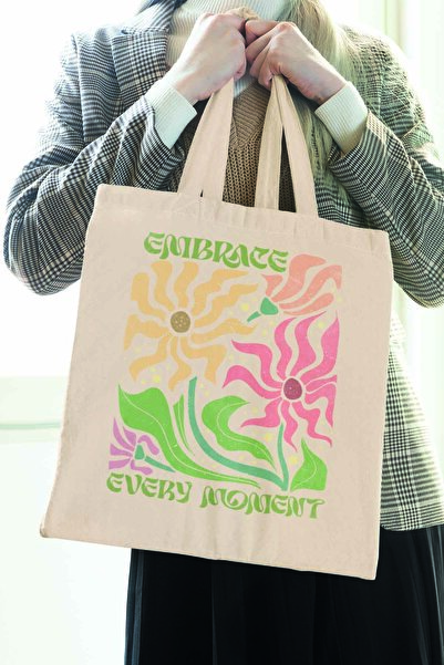 qoeuyl boutique Насолоджуйтесь кожною миттю Бохо Богемська сумка з принтом, 100% бавовна, бежева