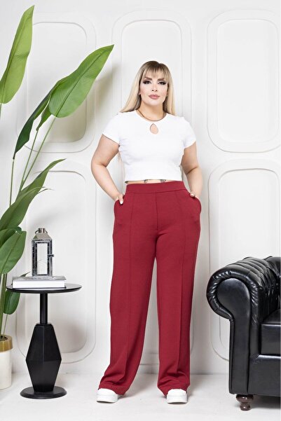 EMEZ Burgundy Casual Pants with Crepe Fabric Stitching Details