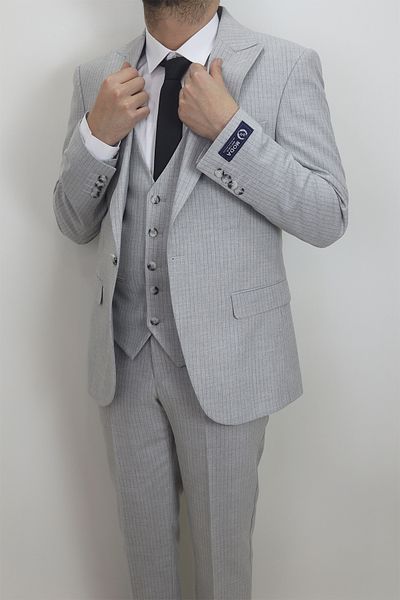 MODA MEN Fistan Store Men's Light Gray Striped Italian Cut Slim Fit Single Button Vest Suit