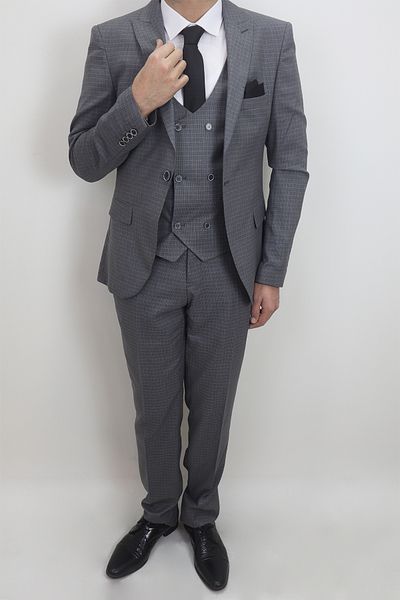 DUAYEN Fistan Store Men's Grey Patterned Italian Cut Slim Fit Single Button Vest Suit