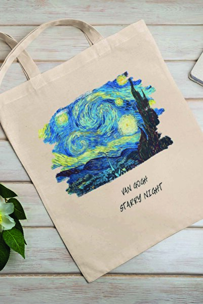 qoeuyl boutique Сумка з принтом «Зоряна ніч» Ван Гога, 100% бавовна, бежева