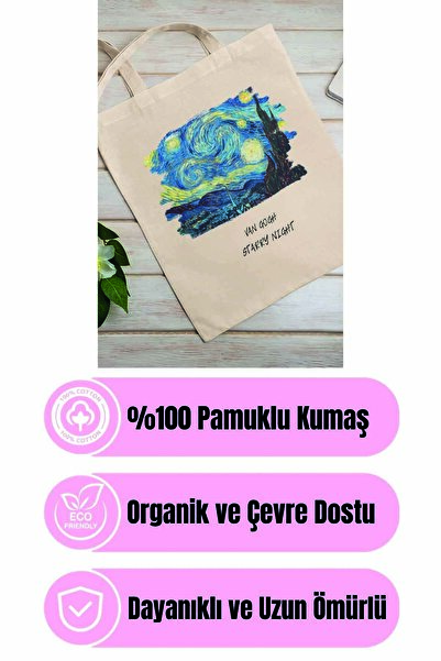 qoeuyl boutique Сумка з принтом «Зоряна ніч» Ван Гога, 100% бавовна, бежева