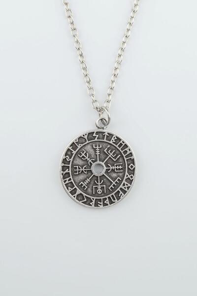 Bu Farklı Vegvisir Pusula - Viking Sembol Gümüş Kaplama Düz Zincir Kolye