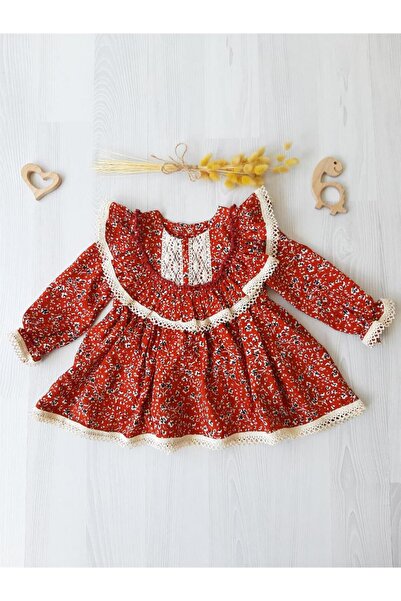 ikokokids Hardal Çiçekli Dantel Detaylı Elbise