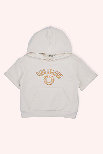 Panço Kız Çocuk Kapüşonlu Kısa Kollu Ön Bedeni Simli Nakışlı Cepli Bej Sweatshirt