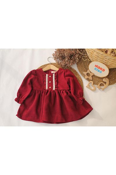 ikokokids rochie din catifea burgundy cu detaliu din dantela